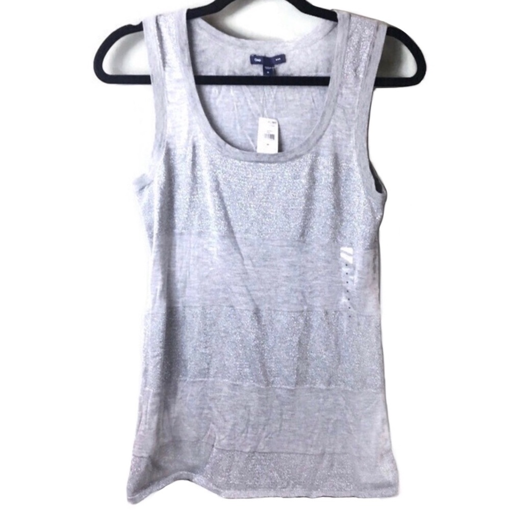 NWT Gap Silver Metallic Striped Scoop Neck Gray Tank Top Size Medium